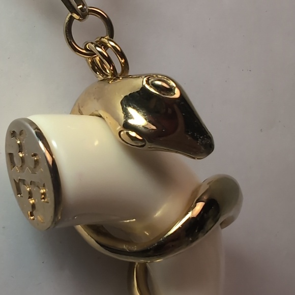 Tory Burch Horn and Serpent Pendant Necklace 29" Long Gold Tone & Cream - Picture 5 of 12